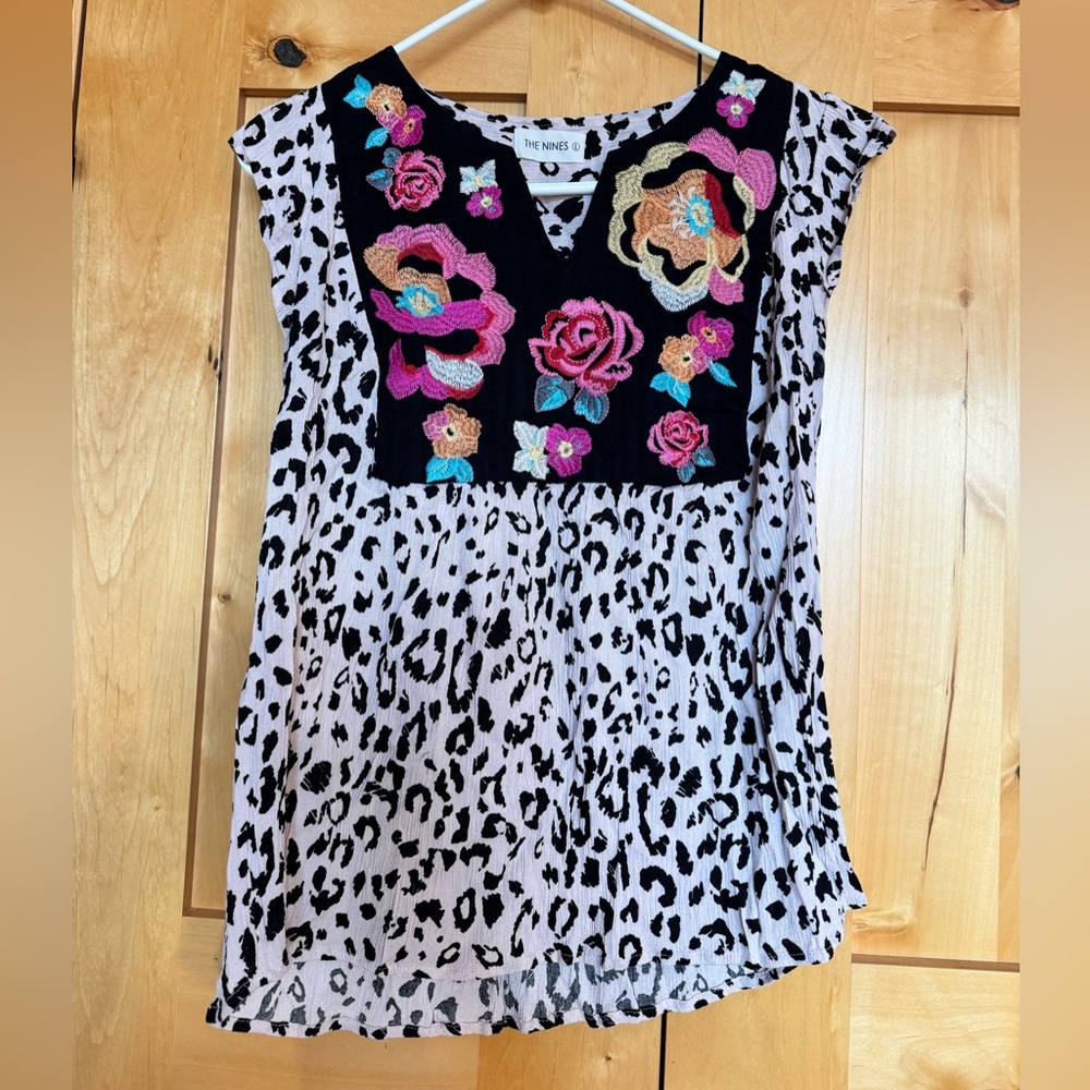 The Nines Floral Embroidered Leopard Print Top